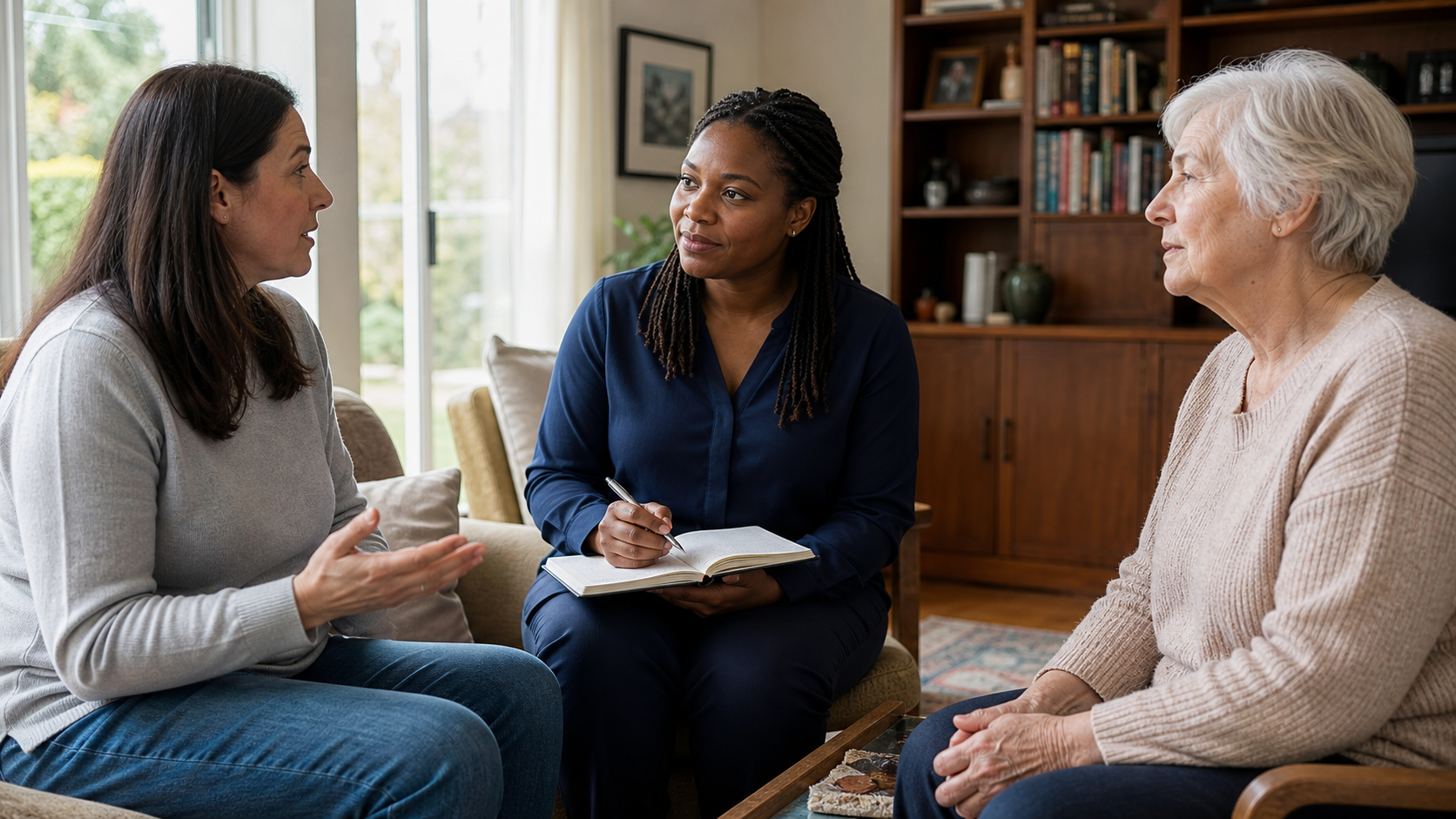 A nurse takes notes while an older woman and her daughter talk about care at home