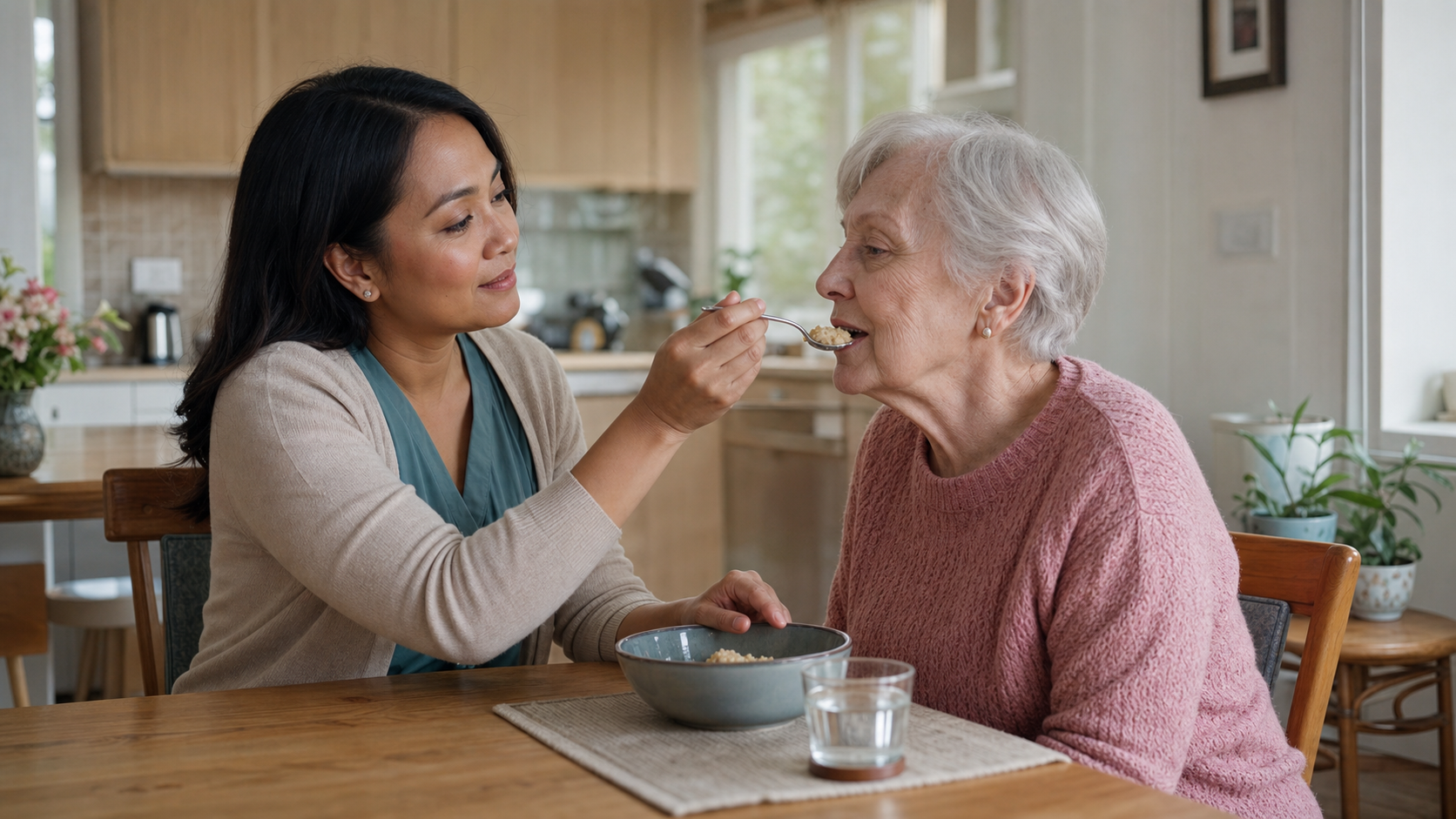 A Filipino caregiver helps an older woman with a meal at home