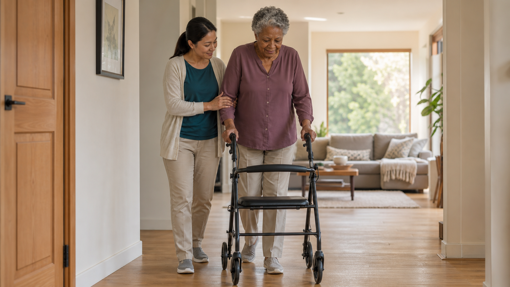 A caregiver supports an older woman as she walks with a wheeled walker at home