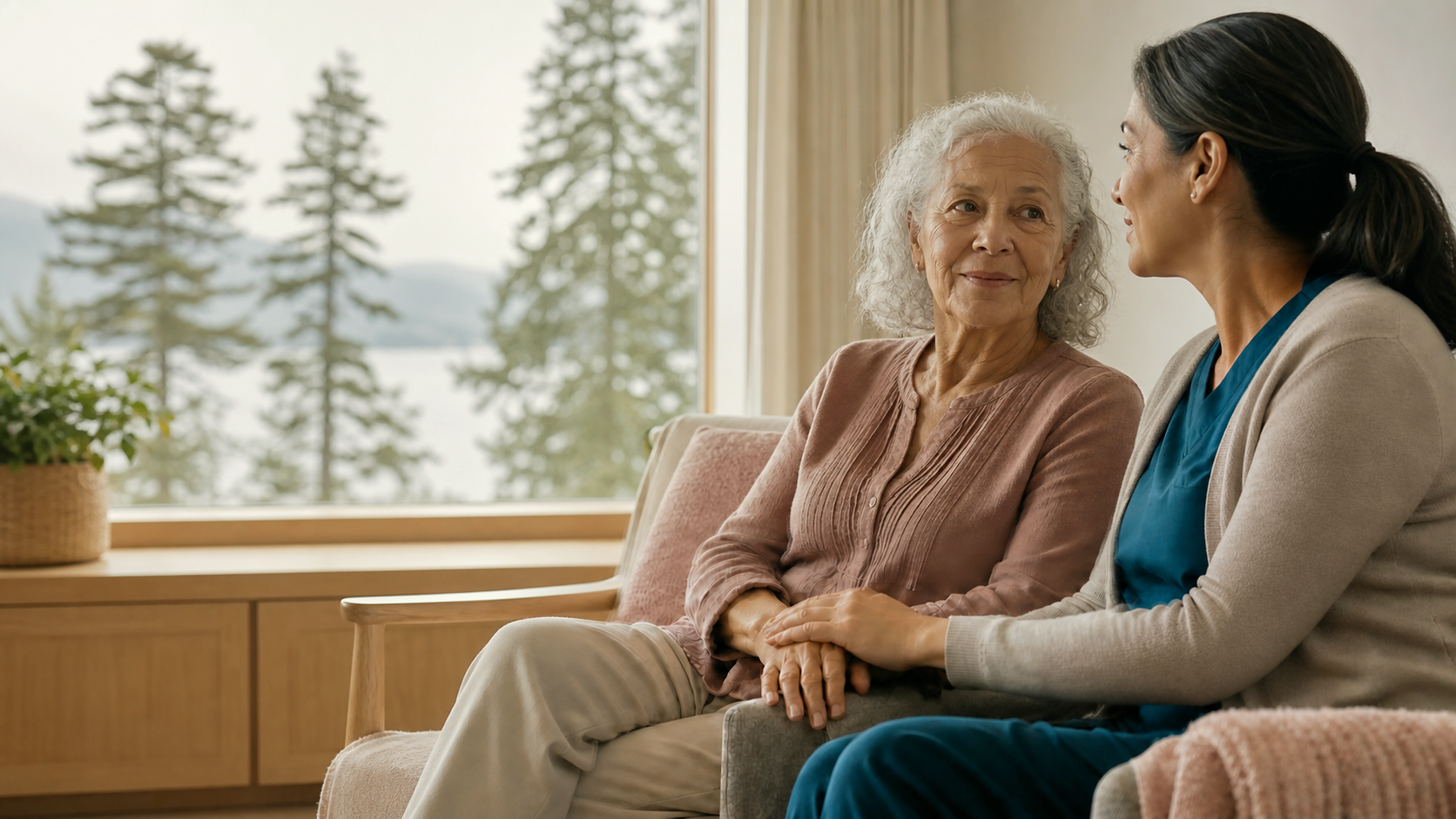 A nurse sharing a calm moment with an older woman in her home