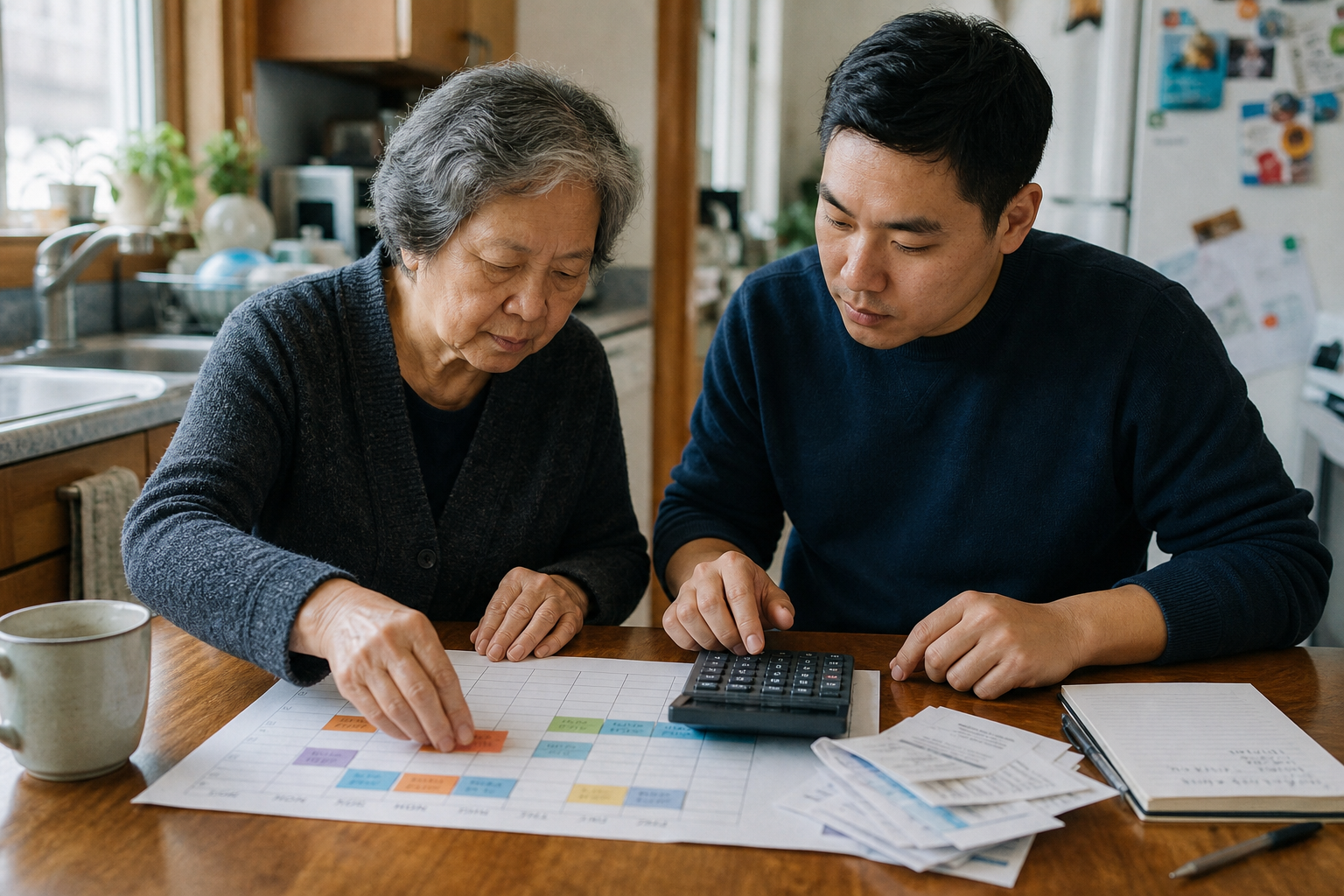 An older woman and her son building a weekly home-care budget together